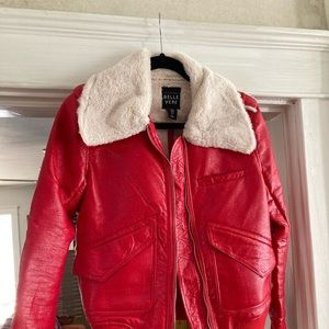 Red faux leather faux fur bomber jacket